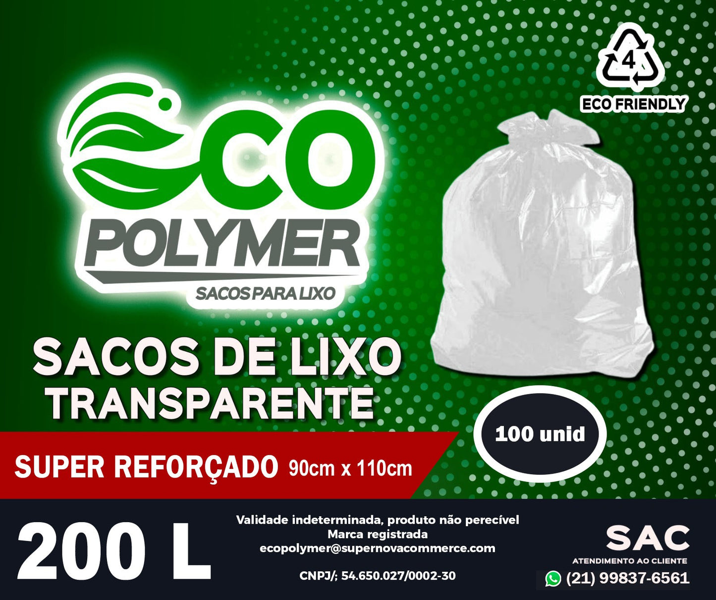 Saco de Lixo Transparente 200l Super Reforçado 100Unid