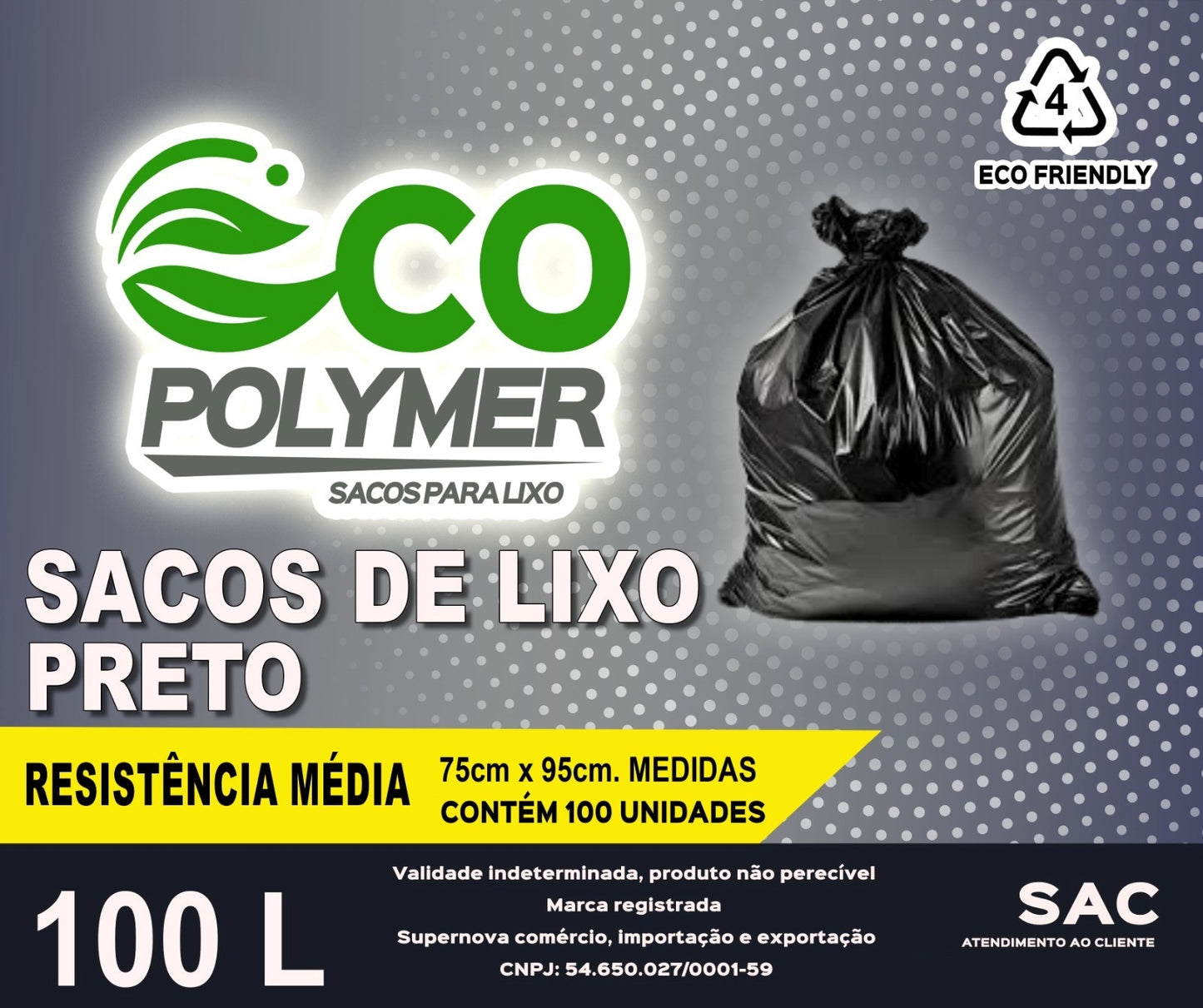 Sacos De Lixo Preto 100l Resistência média 4 Micra 100 Unid