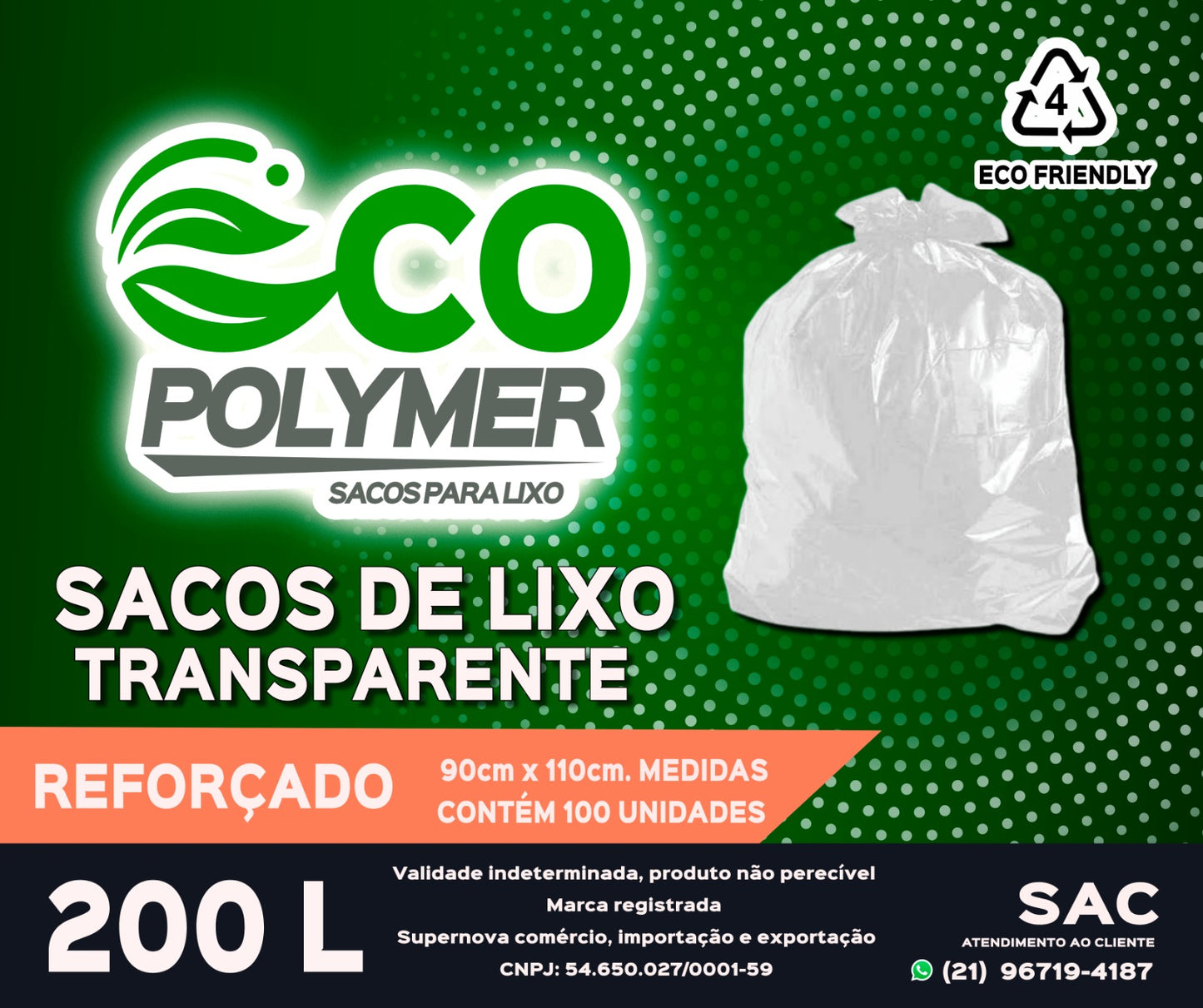 Saco De Lixo Transparente 200l Reforçado 5 Micra 100 Unid