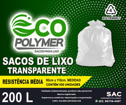 Saco De Lixo Transparente 200l Resistência Média 4 Micra 100 Unid