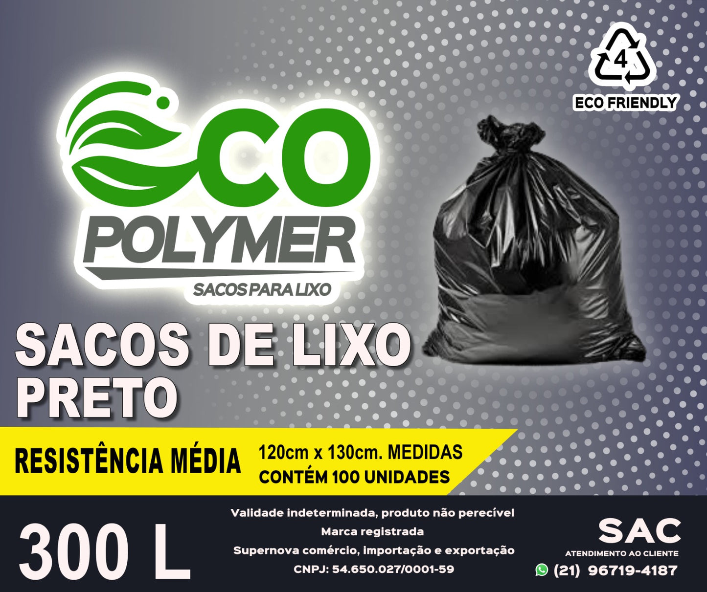 Saco De Lixo Preto 300l Resistência Média 4 Micra 100 Unid