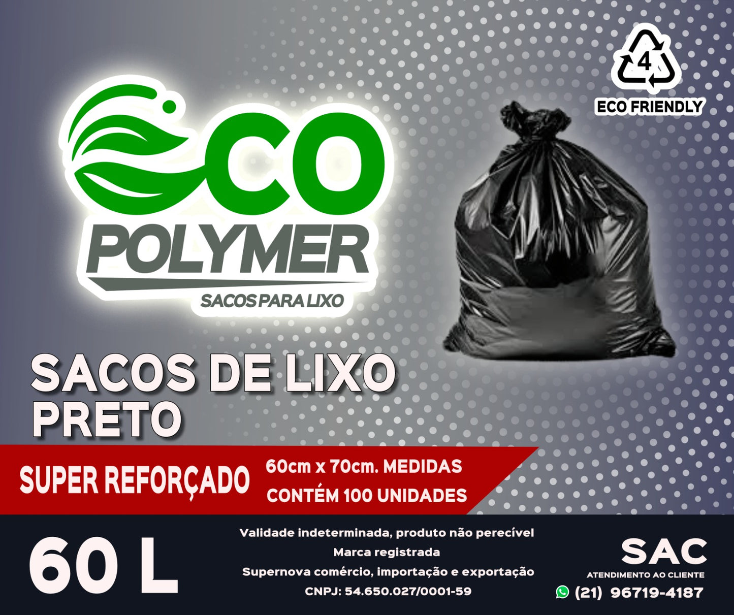 Saco De Lixo Preto 60l Super Reforçado 6 Micra 100 Unid