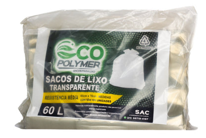 Saco De Lixo Transparente 60l Resistência Média 4 Micra 100 Unid