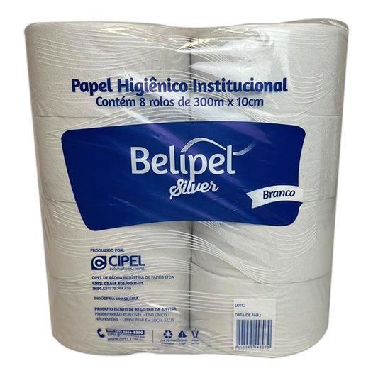 Papel higiênico institucional Belipel silver branco, rolos de 300m x 10cm, 8 rolos