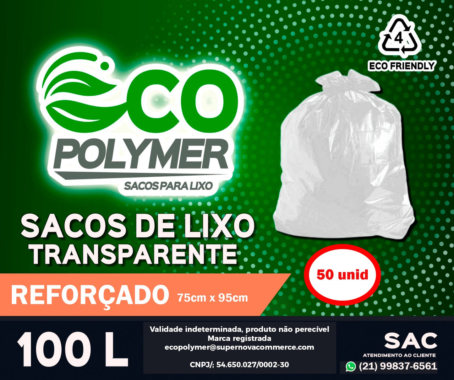 Saco de Lixo Transparente 100l Reforçado 50Unid