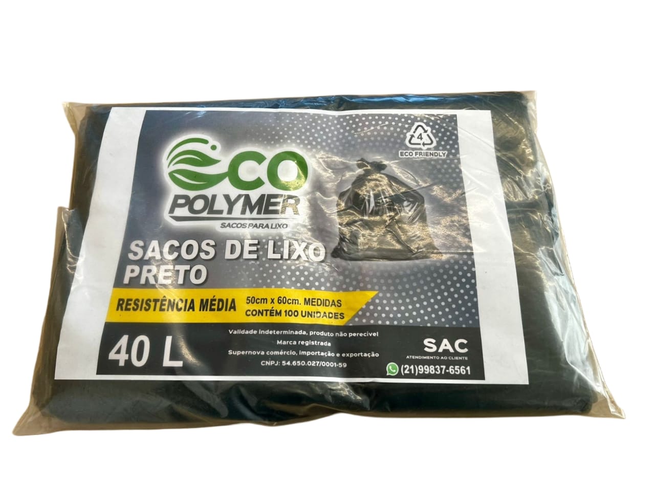 Saco De Lixo Preto 40l Resistência Média 4 Micra 100 Unid