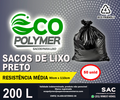 Saco de Lixo Preto 200l Resistência média 50 Unid
